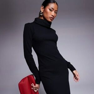 Moda International Black Turtleneck Merino Wool Midi Dress